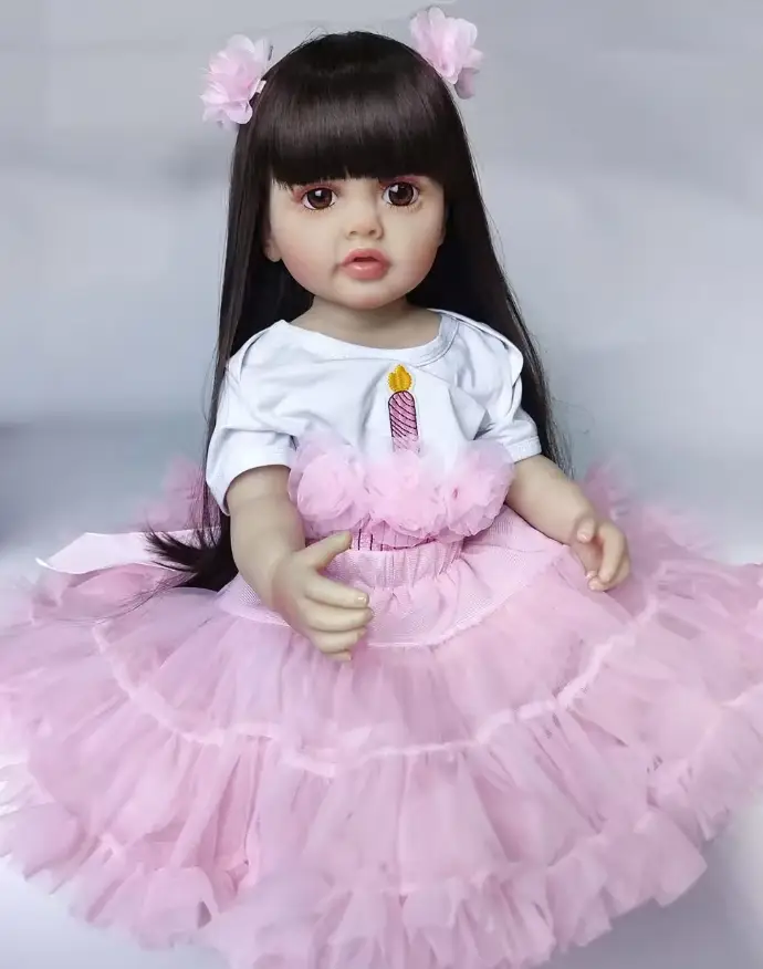 Лялька вінілова 55см, ручна робота, у рожевій сукні з бантиками, Reborn Baby Doll 42
