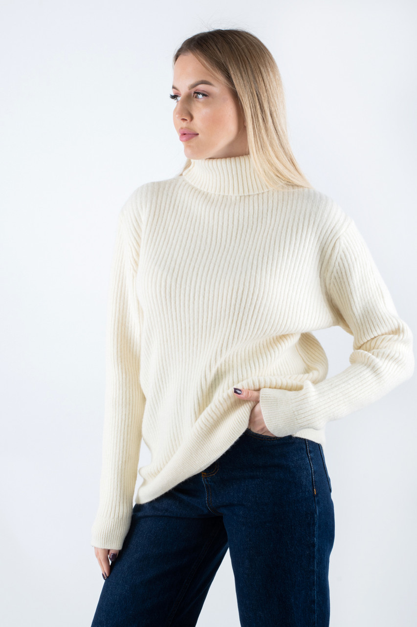 Светр з високою горловиною в рубчик молочний 66015 (2000000139685), фото 1