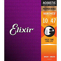 Струни для акустичної гітари Elixir Nanoweb Phosphor bronze 10-47 (3 медіатори в подарунок)