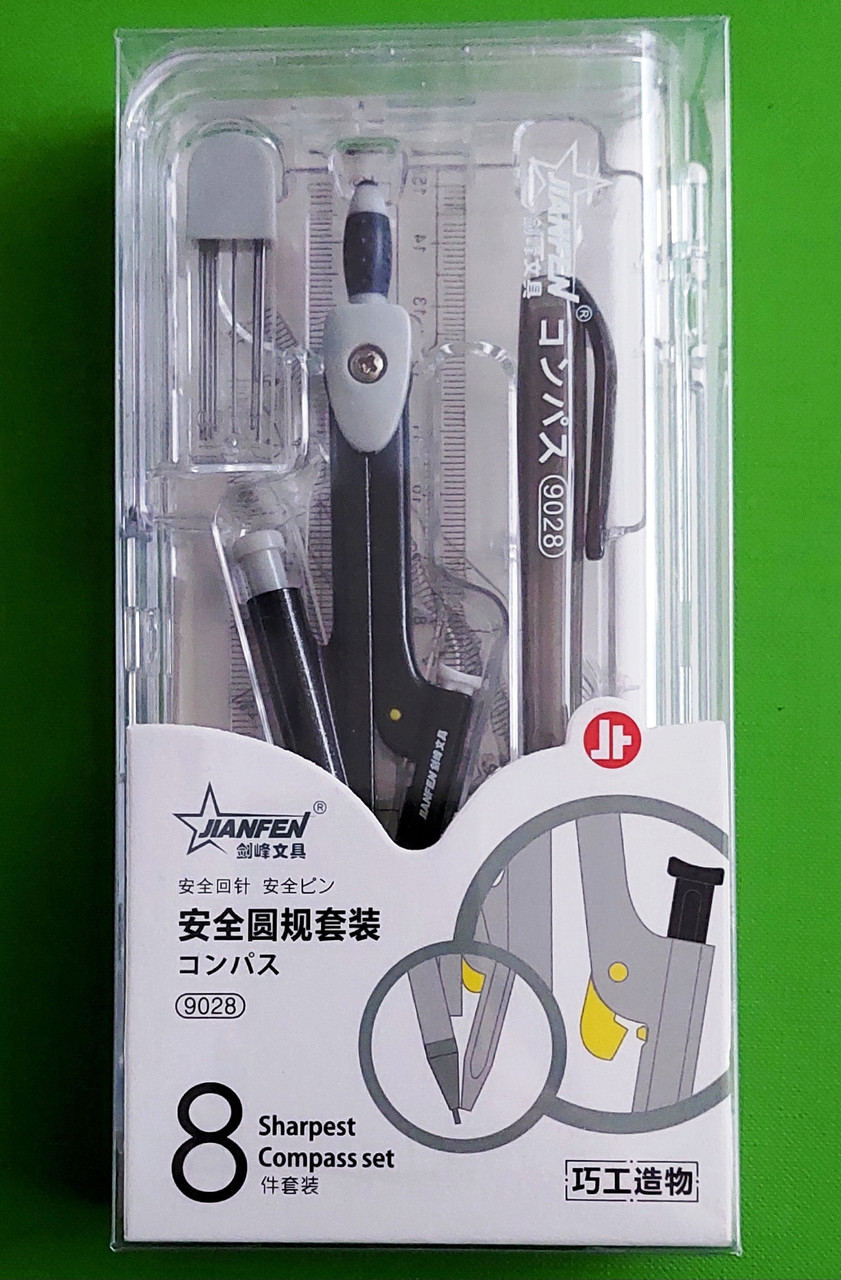 Канц Готовальня ”JO” /JF-9028/ 8 предм (мех.олівець+цирк.+гумка+гриф.+лінійки) (1/12)