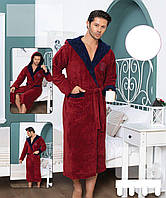 Халат мужской длинный с капюшоном на запах А-45, Бордовый, 2XL