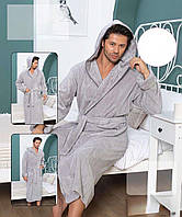 Мужской теплый банный халат с капюшоном 1019, Серый, XL