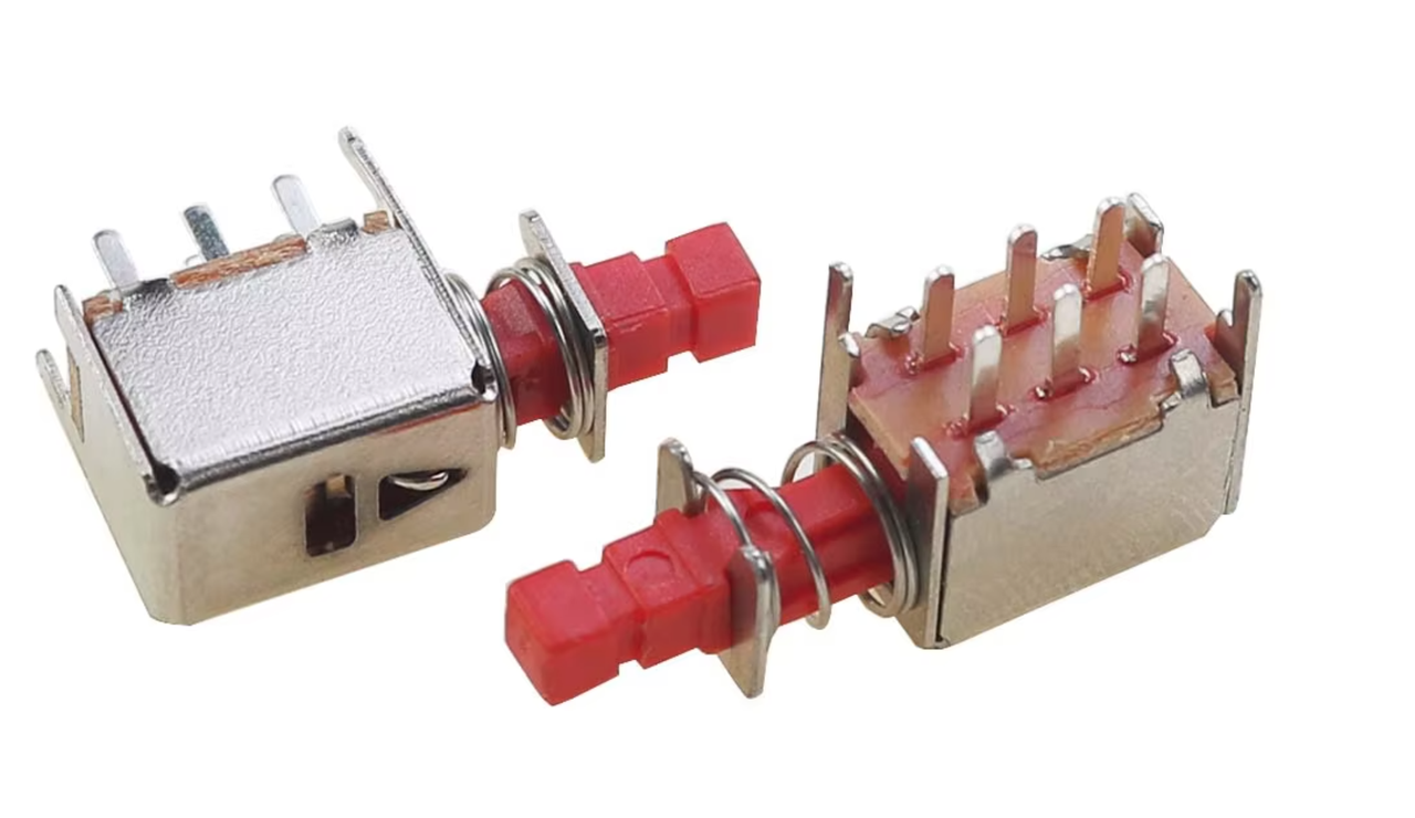 Дворядний шестиконтактний пружинний клавішний перемикач PS-22F03 - червоний нефіксований