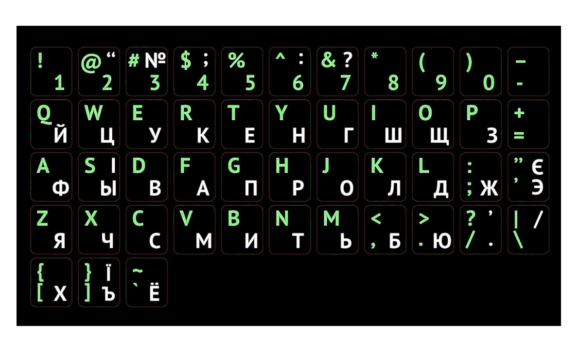 Наліпки наклейки на клавіатуру чорні Укр\Рус\Eng Green, фото 1