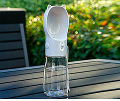 Пляшка - поїлка з кнопкою для прогулянок Pet Style 380 мл для котів - сіра