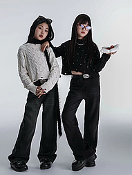 Дитячі на високій посадці стильні утеплені джинси в чорному кольорі