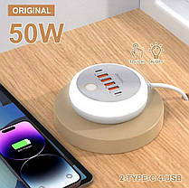 Зарядна станція PD50W із швидкою зарядкою: 4 USB + 2 Type-C та LED підсвіткою, фото 4