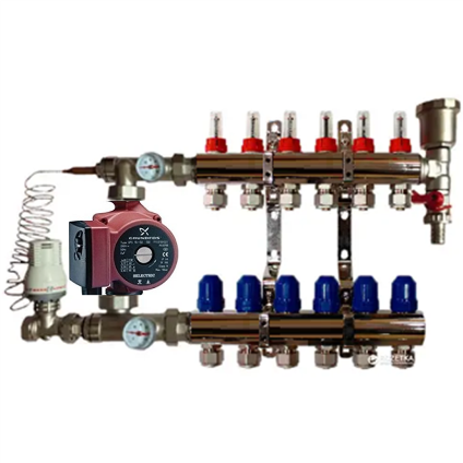 Колектор для теплої підлоги AquaWorld в зборі з насосом на шість контурів, фото 1