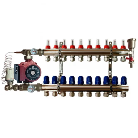 Колектор для теплої підлоги AquaWorld в зборі з насосом на десять контурів, фото 1