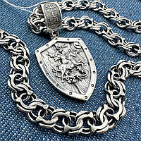 Мужской комплект с чернением кулон Георгий Победоносец и цепочка бисмарк 925 проба
