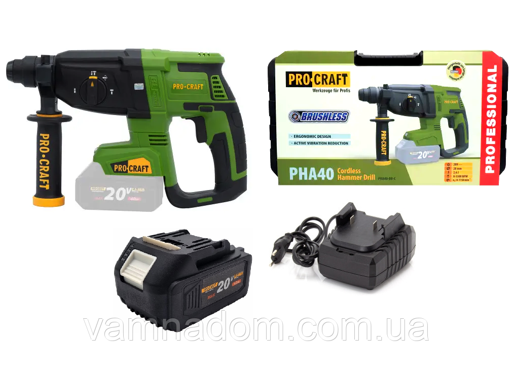Акумуляторний перфоратор Procraft PHA40 у кейсі (Акумулятор 20 В, 4 А/год і зарядний пристрій у комплекті), фото 1