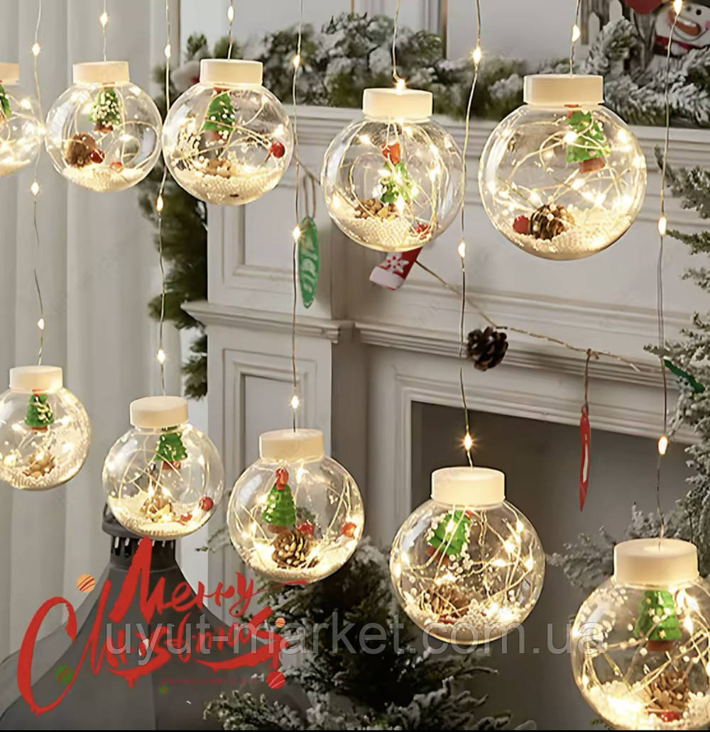 Гірлянда штора 3м USB-гірлянда прозорі кульки Санта Клаус та Ялинки 10шт тепле світло від Павербанку, фото 1