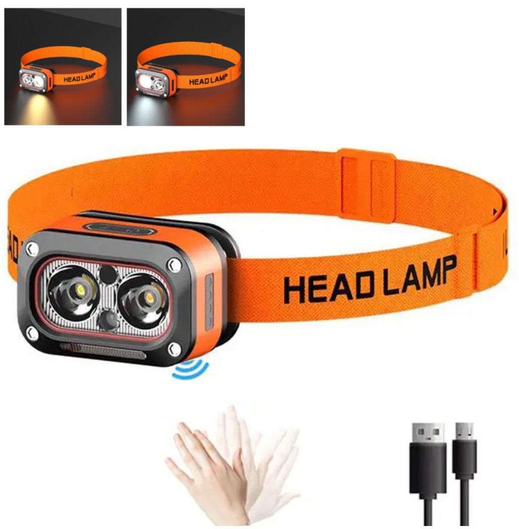 Налобний фонар G08-2XPG, Білий; Жовтий, LED Червоний, Датчик руху, Li-Ion акумулятор, ЗУ Type-C, фото 1