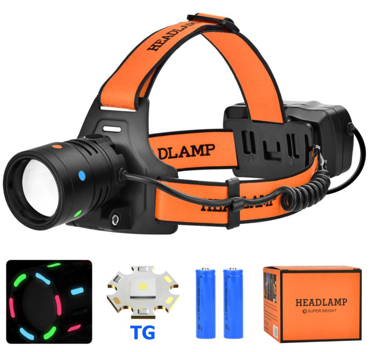 Налобний ліхтар Bailong BL-T210-TG, 2x18650, 1 режим, ЗУ Type-C, zoom, фото 1