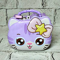 Скарбничка для грошей дитяча для дівчинки Котик з бантиком металева із замочком 14х12х7 см Бузкова N-1339-4