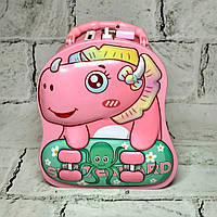 Скарбничка для грошей дитяча для дівчинки Динозавр металева із замочком 15,5х13,5х7 см Рожева N-1341-3