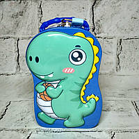 Скарбничка для грошей дитяча для хлопчика Динозавр металева із замочком 16,5х10,5х7 см Блакитна N-1342-1