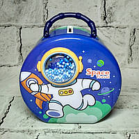 Скарбничка для грошей дитяча для хлопчика Космос металева із кодовим замоком 15х14х9 см Синя N-1344-2
