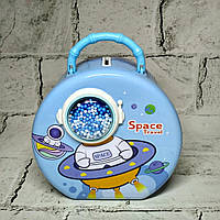 Скарбничка для грошей дитяча для хлопчика Космос металева із кодовим замком 15х14х9 см Блакитна N-1344-1