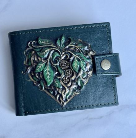Гаманець шкіряний з 3Д тисненням, кишенею для монет закривається на кнопку "Відроджене серце" ручна робота, фото 1
