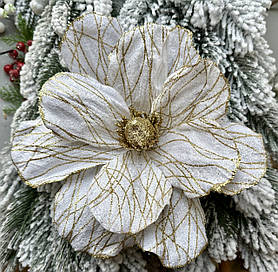 Новорічний квітка на ялинку "Магнолія біла з золотом", 25 см