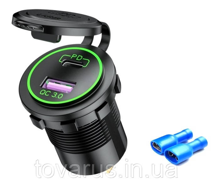 Юсб зарядка в авто USB QC 3.0 + PD Type-C 45W в отвір прикурювача