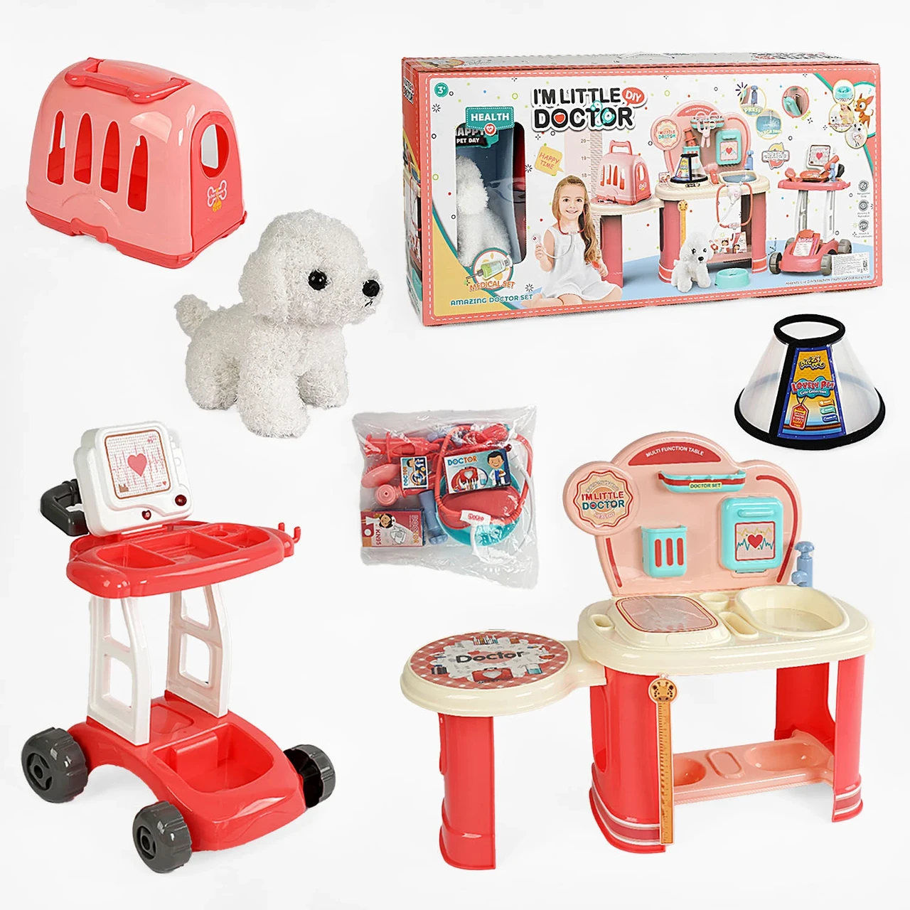 Набір лікаря з собачкою 8836 A-2 звук, підсвічування, столик, візок, переноска, інструменти лікаря, фото 1