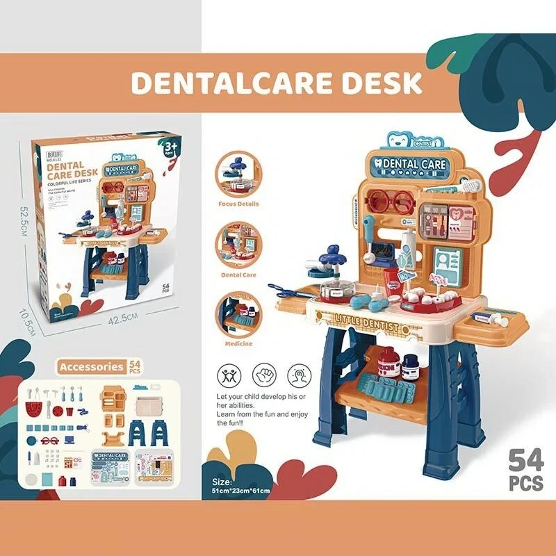 Дитячий набір стоматолога на 54 елементи, медичний стіл з поличками, муляжі щелеп та зубів, інструменти стоматолога, рухомі деталі, фото 1