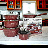 Набір каструль та сковорода з кришками Higher Kitchen Набір посуду з гранітним антипригарним покриттям 12 предметів Червоний, фото 2