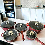 Набір каструль та сковорода з кришками Higher Kitchen Набір посуду з гранітним антипригарним покриттям 12 предметів Червоний, фото 3