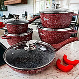 Набір каструль та сковорода з кришками Higher Kitchen Набір посуду з гранітним антипригарним покриттям 12 предметів Червоний, фото 6