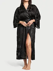 Шовковий халат Victoria's Secret VS Archives Burnout Satin Robe Довгий, Чорний M/L
