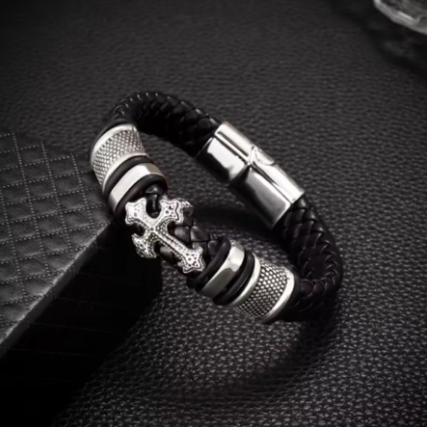 Браслет чоловічий шкіряний CRUSEDER чорний на магнітній застібці 17-19 см (довжина 21 см), фото 1