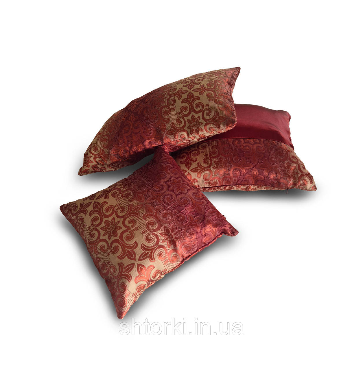 Комплект декоративних подушок Firanka Damask 50х30см 1шт 32х32см 1шт 41х41см 1шт бордовий із золотистим (п_0733)
