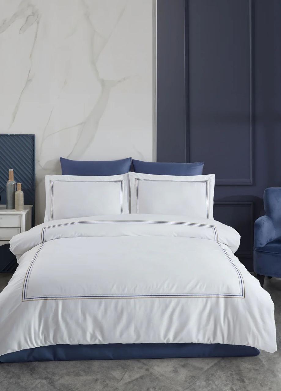 Постільна білизна Dantela Vita сатин з вишивкою - Florentino beyaz-lacivert білий-синій євро, фото 1