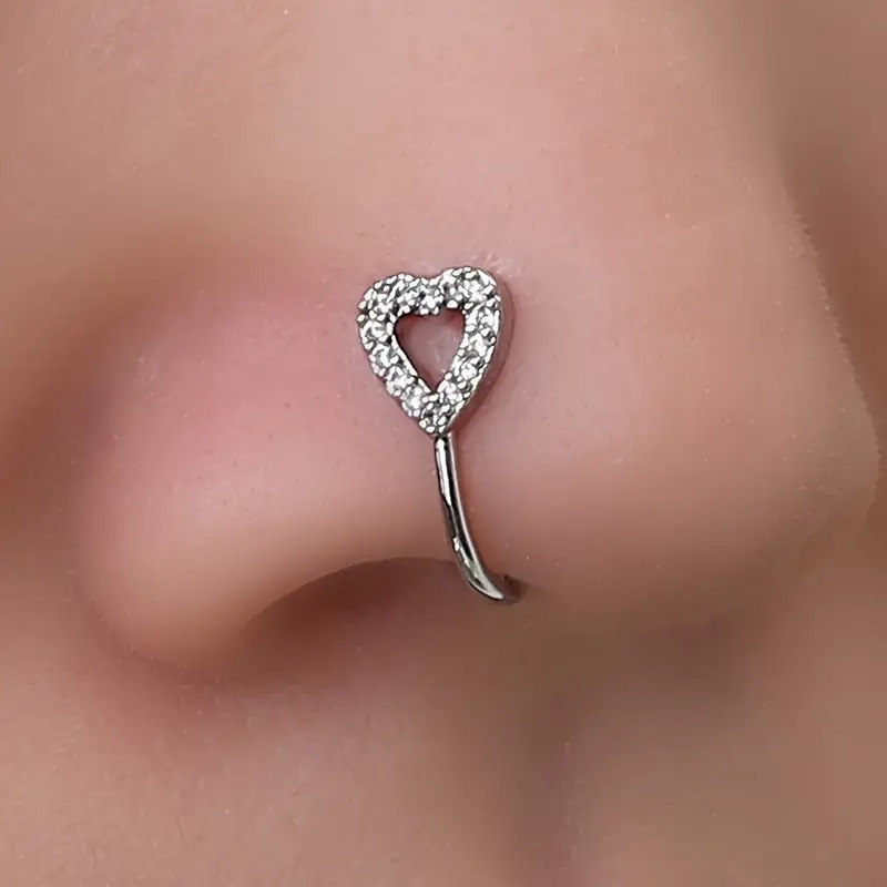 Кліпса-сережка срібляста серце з білими кристалами для носа без пірсингу OrnatusDivinus973, фото 1