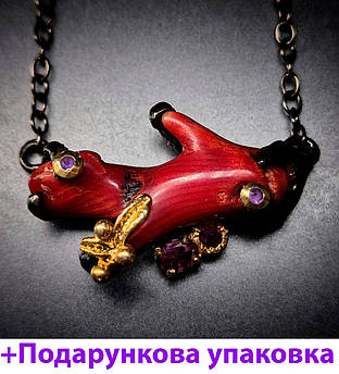 Кулон срібний жіночий з червоним коралом і гранатами Стильна підвіска ручної роботи з натуральним камінням