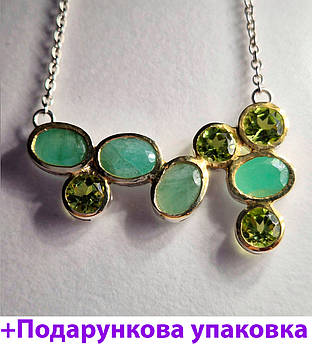 Кольє срібне жіноче з натуральними природними смарагдами та хризолітами ручної роботи