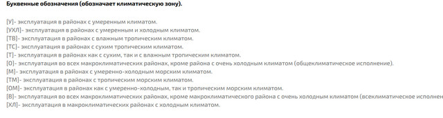 ТАблица климатических Исполнений