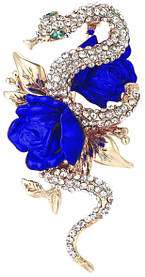 Елегантна брошка у формі змії із синіми трояндами, брошка зі змійкою, біжутерний сплав