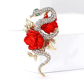 Вишукана брошка зі змійкою та червоними трояндами, брошка зі змійкою