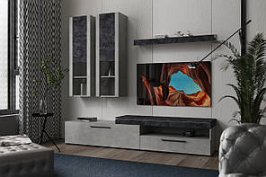 Сучасна стильна невелика тв стінка під телевізор з навісними вітринами у вітальню зал 230 см Лічі бетон