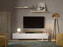 Сучасна довга вузька тумба під телевізор 180 см без ручок з навісними полицями у вітальню спальню Мілана