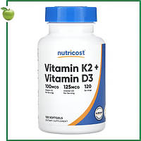 Вітамін К2 + D3 (5000 МО) з вітаміном К2 у формі МК-7, 120 капсул, Nutricost, США