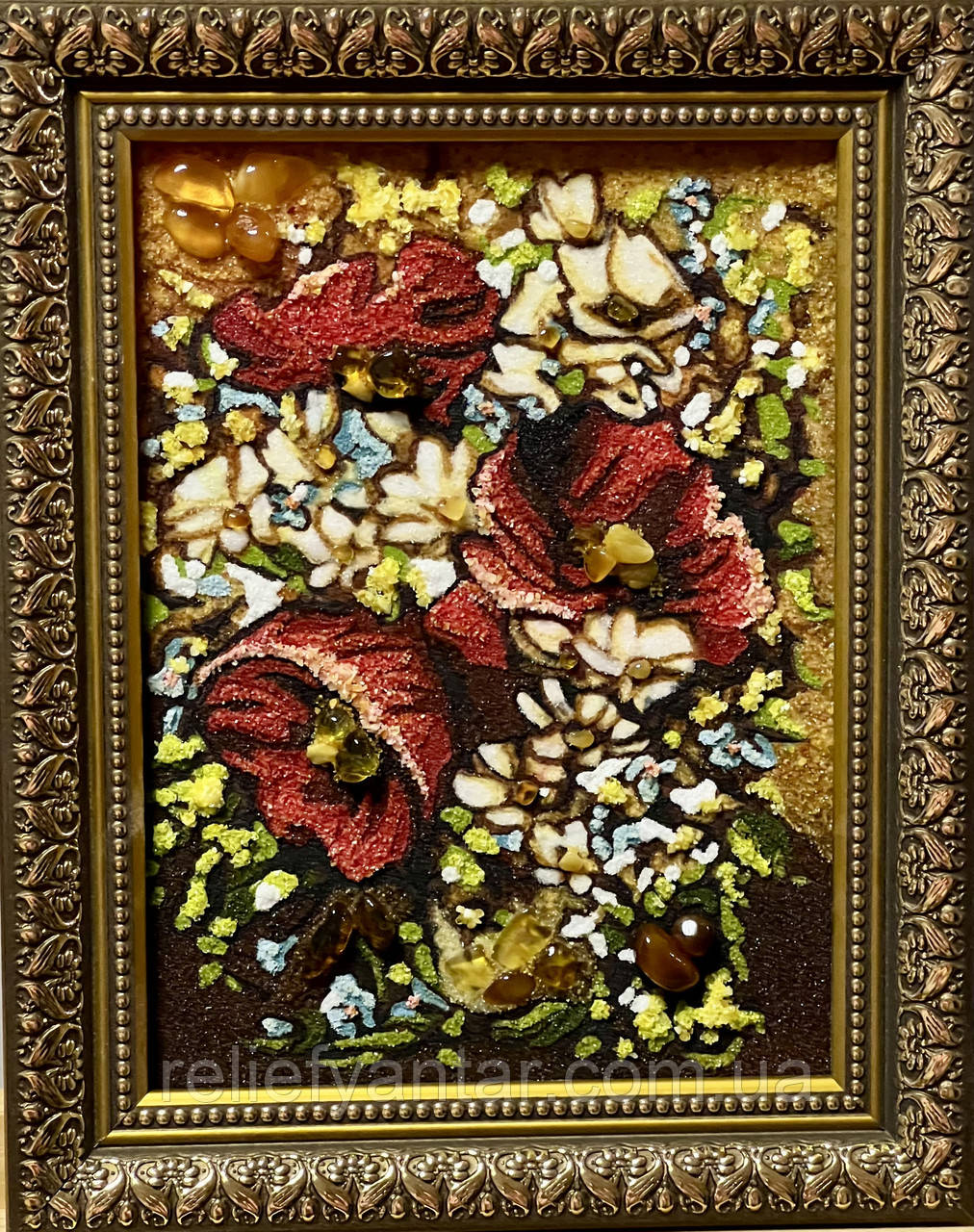 Картина з янтаря Маки, картина з бурштину Маки 15x20 см