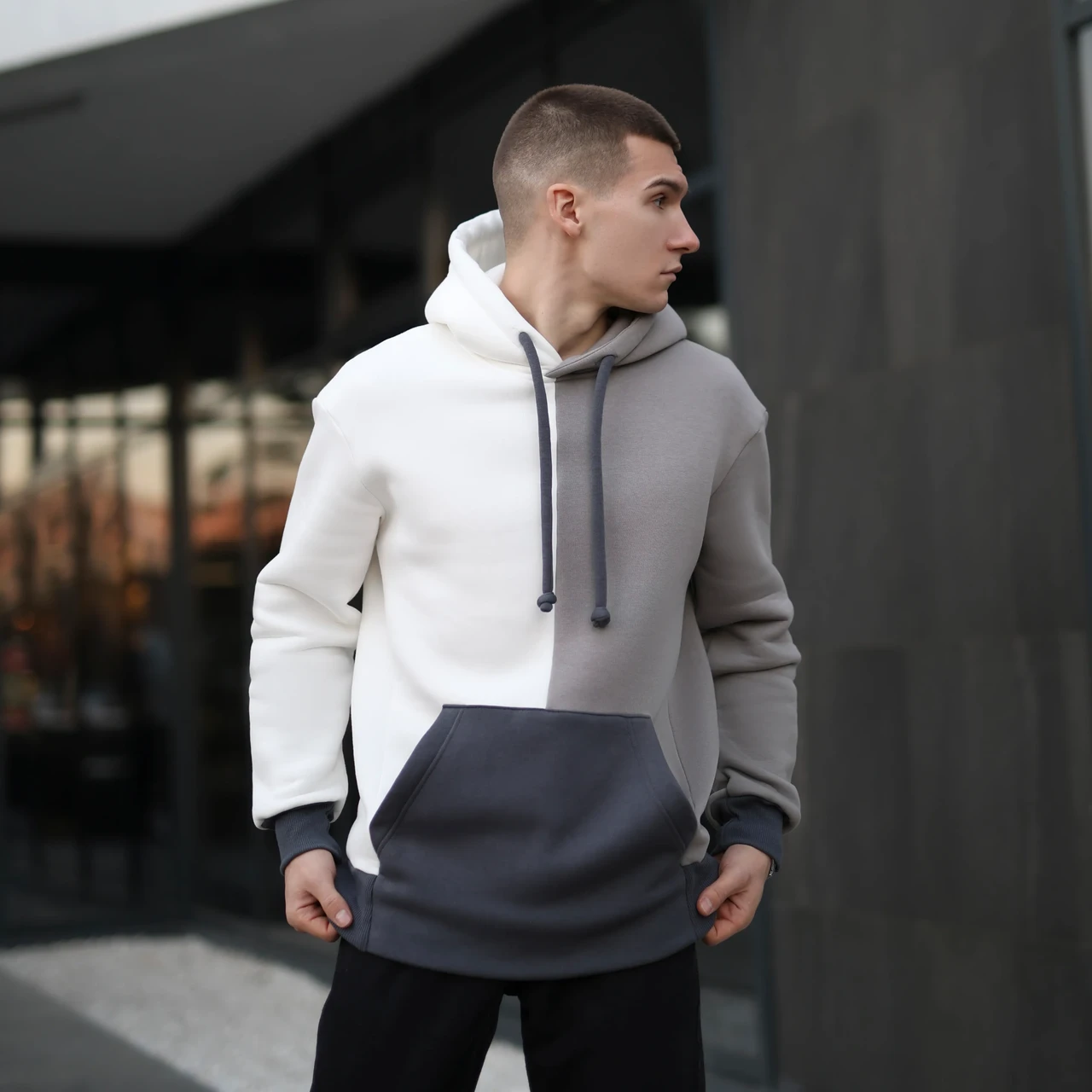 Толстовка чоловіча на флісі Touch біло-сіра зимова кофта худі чоловіча утеплена, фото 1