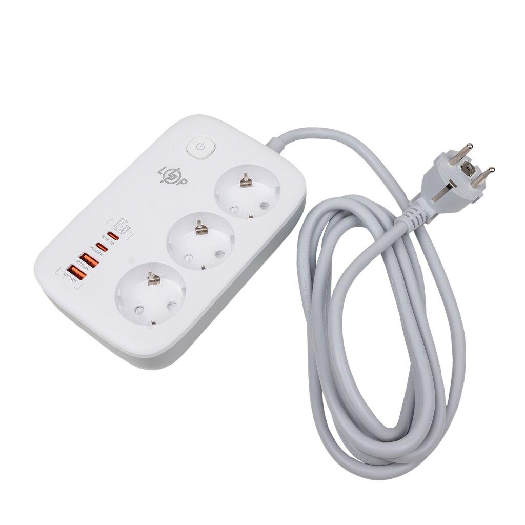 Мережевий фільтр LogicPower F65WG4 3x220V-3250W, 2xUSB-60W, 2xType-C 65W QC/PD довжиною 2 м Білий - 1 шт., фото 1