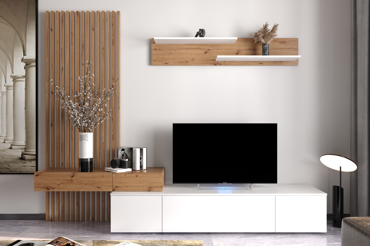 Стильна тв стінка під телевізор 2,5 метри в скандинавському стилі у вітальню зал Ребека Плюс білий/дуб артизан, фото 1