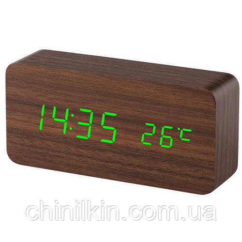 Годинник мережевий VST-862-4 зелені написи, (корпус коричневий) температура, USB, фото 1