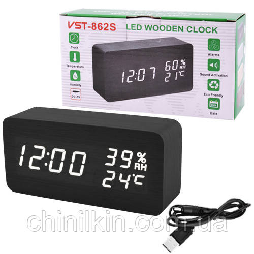 Годинник мережевий VST-862S-6 білі написи, (корпус чорний) температура, вологість, USB, фото 1